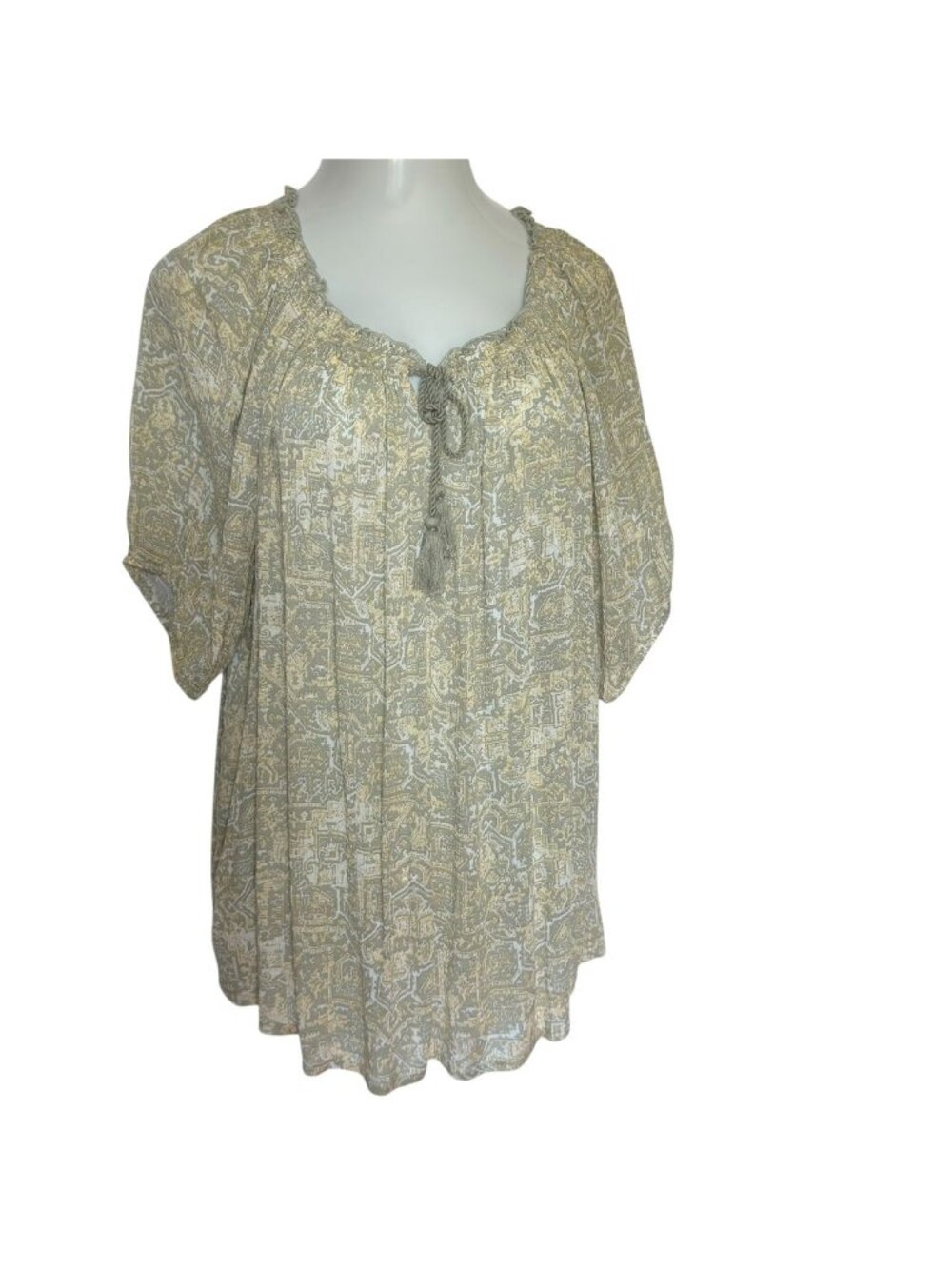 Erika Womens Tunic Blouse 1X Light Green Yellow Boho Peasant Short Sleeve Top